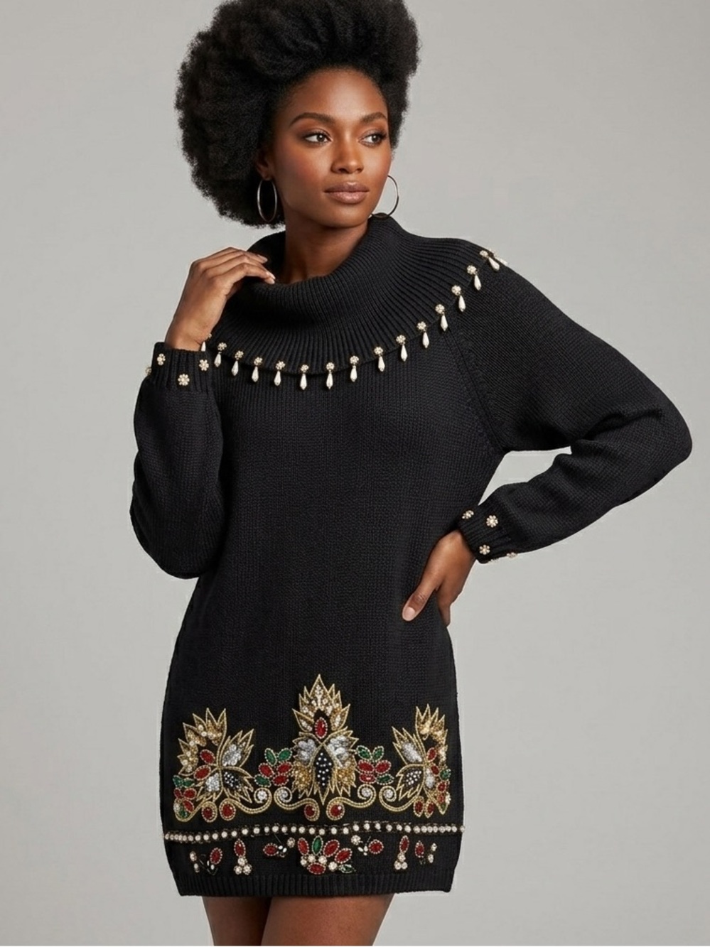 VTG Victoria Harbour Beaded Pearl Sweater Dress Cowl Neck Ramie Cotton Large